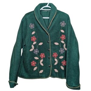 Vintage Floral Embroidered Green Fleece Button Down Cardigan Sweater Jacket L-XL